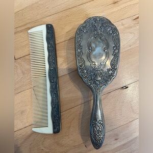 Antique brush comb set silver tone metal, silverplated ivory beige, 1950s